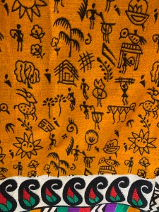 Silk scarf with Warli folk art